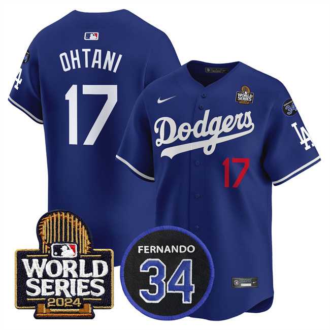 Mens Los Angeles Dodgers #17 Shohei Ohtani Royal 2024 World Series With Fernando Memorial Patch Limited Stitched Baseball Jersey